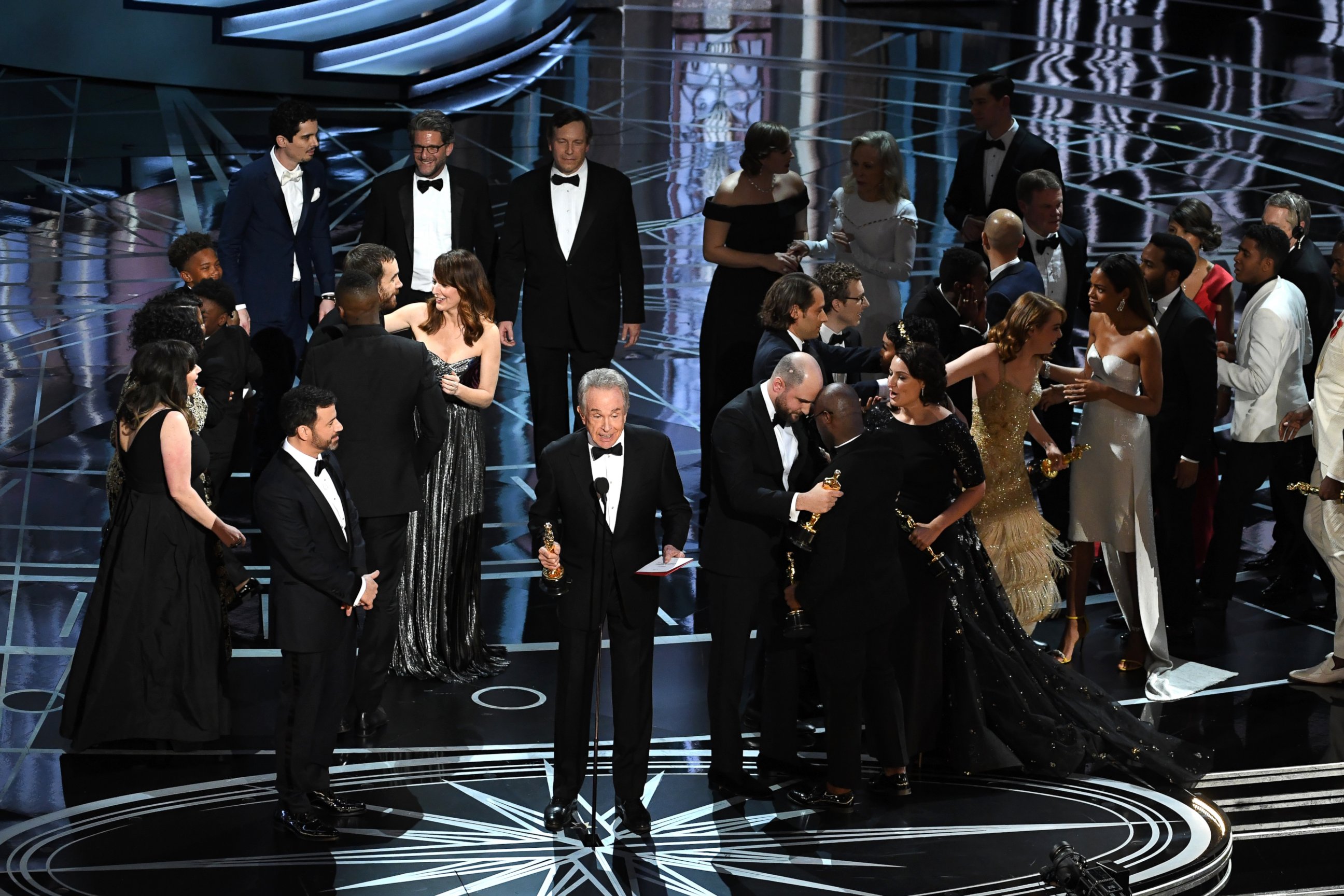 PHOTO: Actor Warren Beatty explains a presentation error which resulted in Best Picture being announced as 'La La Land' instead of 'Moonlight' at the 89th Annual Academy Awards at Hollywood & Highland Center, on Feb. 26, 2017, in Hollywood, Calif.