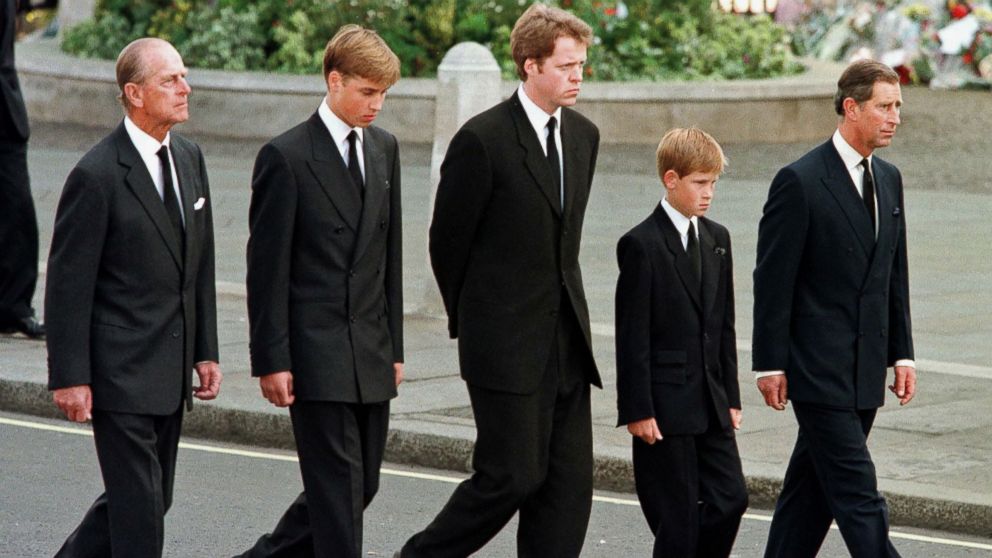 Britain's Prince Philip, Duke of Edinburgh, Prince William, Earl Spencer, Prince Harry and Prince Charles, Prince of Wales walk outside Westminster Abbey during the funeral service for Diana, Princess of Wales in London, Sept. 6, 1997.