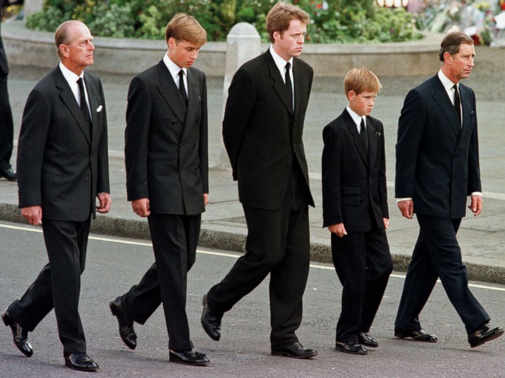 Britain's Prince Philip, Duke of Edinburgh, Prince William, Earl Spencer, Prince Harry and Prince Charles, Prince of Wales walk outside Westminster Abbey during the funeral service for Diana, Princess of Wales in London, Sept. 6, 1997.