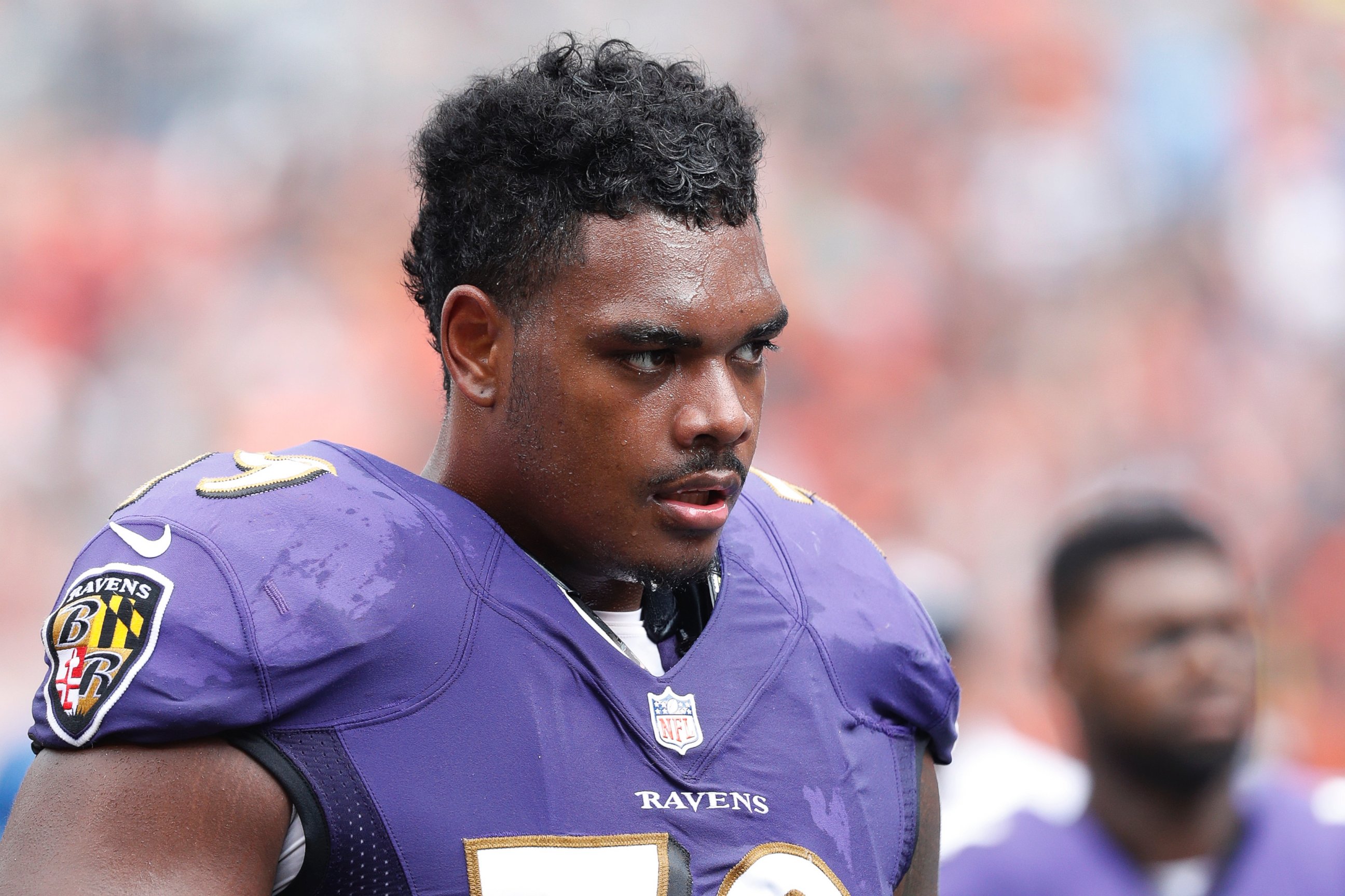 PHOTO: Ronnie Stanley #79 of the Baltimore Ravens looks on against the Cleveland Browns during the game at First Energy Stadium, on Sept. 18, 2016, in Cleveland, Ohio. 