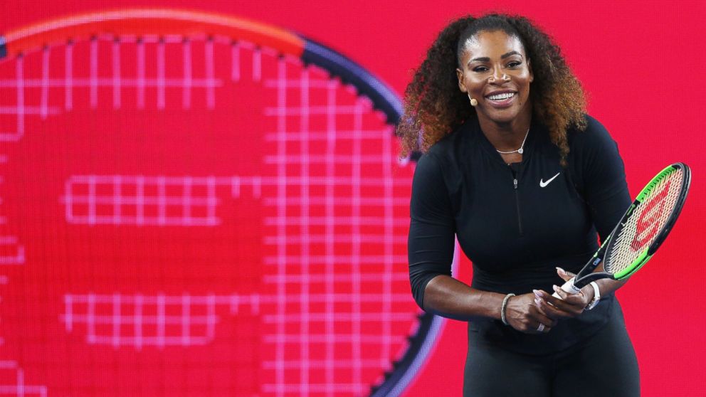 Serena Williams of the USA reacts during a Wilson Racquet promotion during a practice session ahead of the 2017 Australian Open at Melbourne Park, on Jan. 12, 2017, in Melbourne, Australia.  