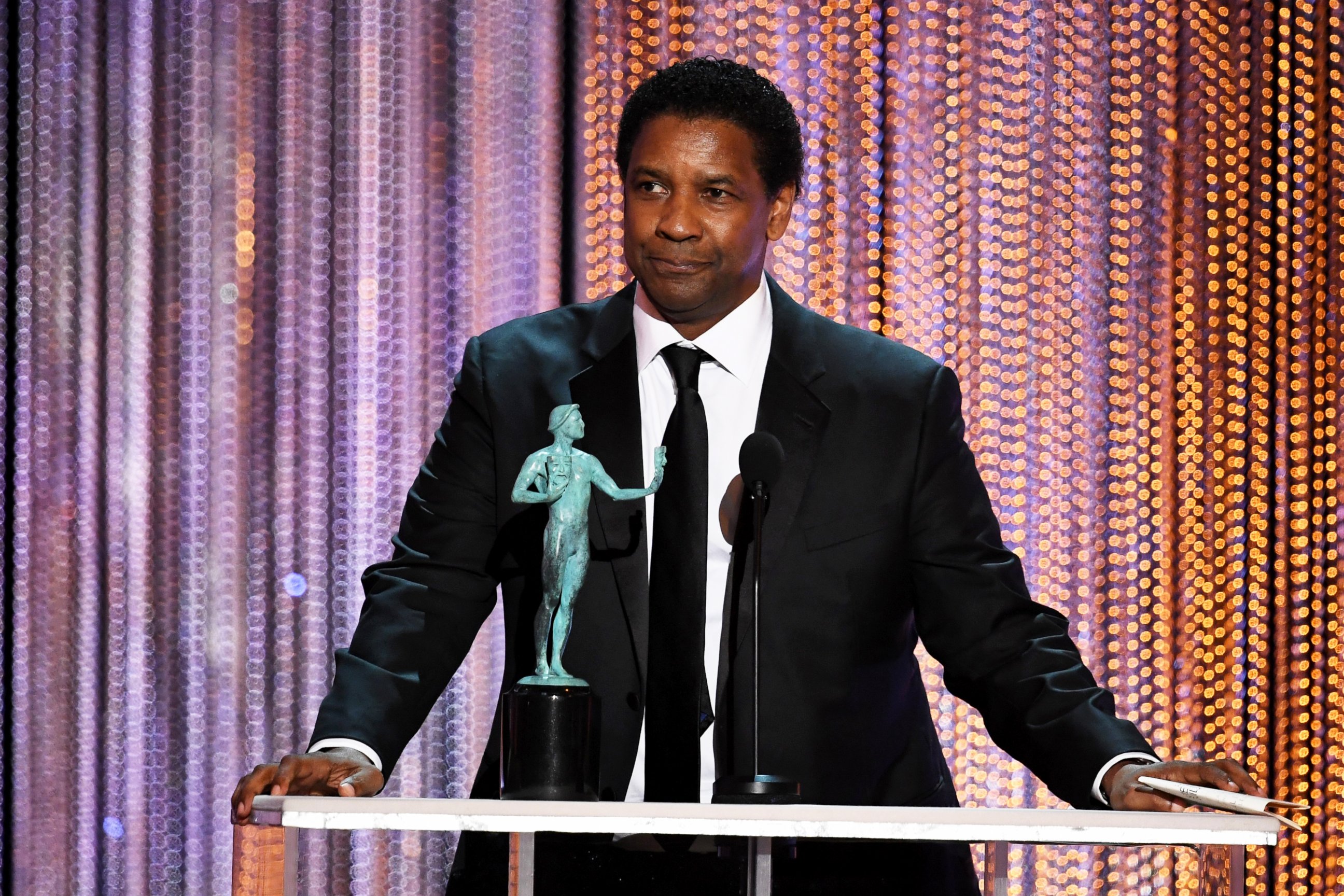 PHOTO: Denzel Washington accepts outstanding performance by a male actor in a leading role for "Fences" onstage during The 23rd Annual Screen Actors Guild Awards at The Shrine Auditorium, Jan. 29, 2017, in Los Angeles.