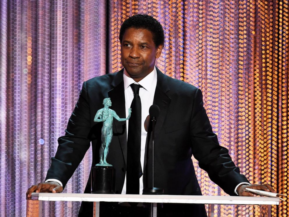 PHOTO: Denzel Washington accepts outstanding performance by a male actor in a leading role for Fences onstage during The 23rd Annual Screen Actors Guild Awards at The Shrine Auditorium, Jan. 29, 2017, in Los Angeles.