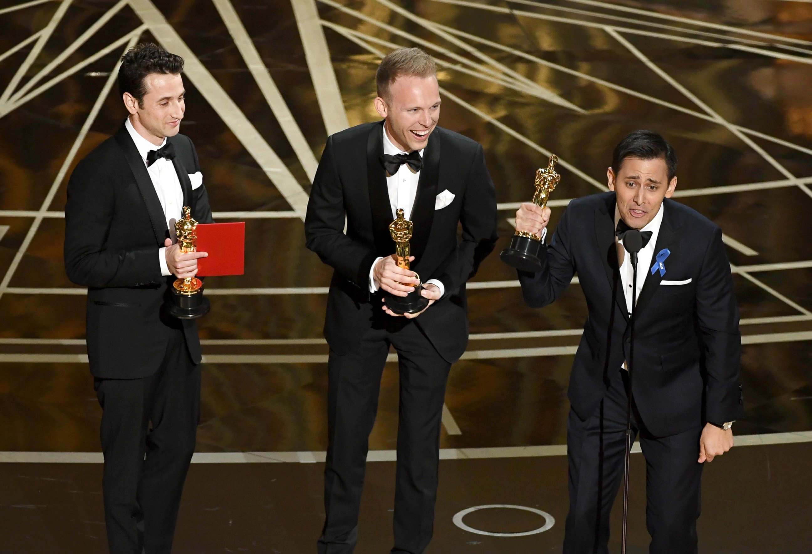 PHOTO: Songwriters Justin Hurwitz, Justin Paul and Benj Pasek accept Best Original Song for 'City of Stars' from 'La La Land' at the Academy Awards, Feb. 26, 2017 in Hollywood, Calif. 