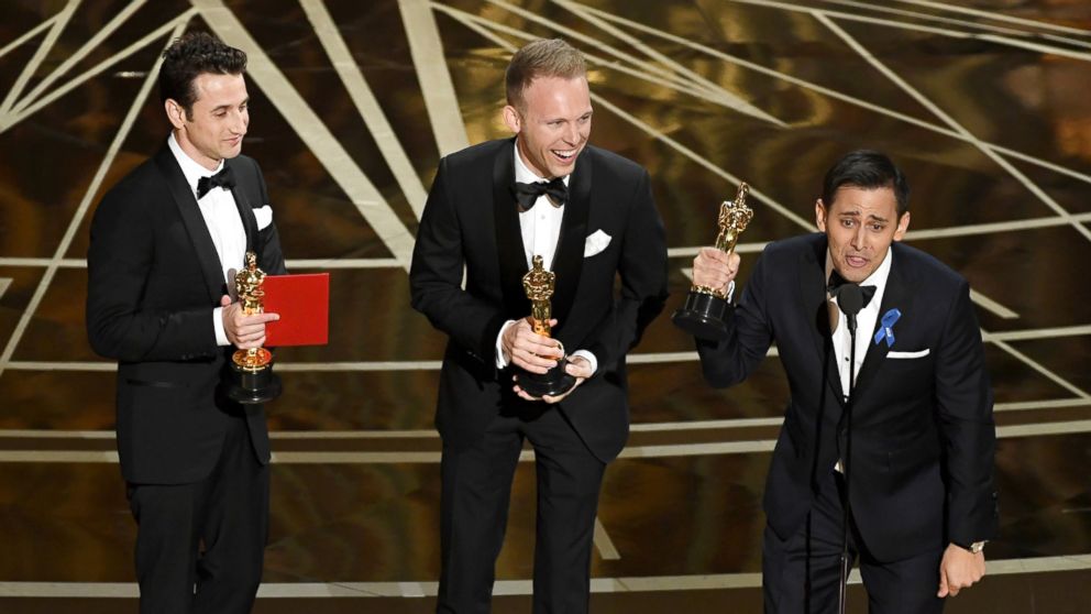 PHOTO: Songwriters Justin Hurwitz, Justin Paul and Benj Pasek accept Best Original Song for 'City of Stars' from 'La La Land' at the Academy Awards, Feb. 26, 2017 in Hollywood, Calif. 