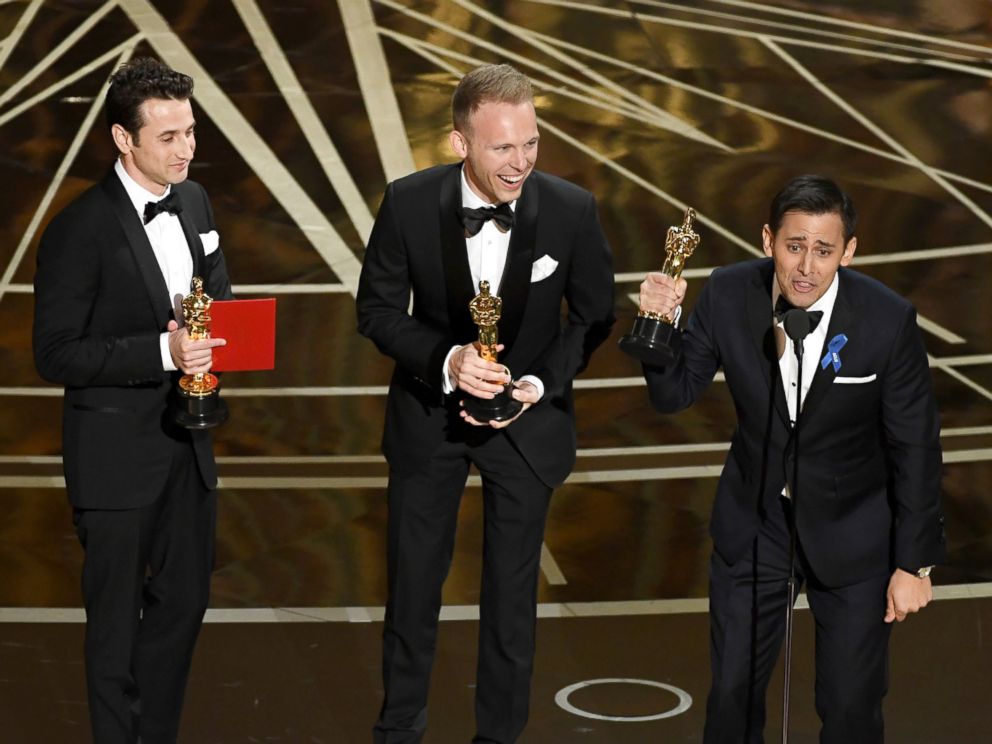 PHOTO: Songwriters Justin Hurwitz, Justin Paul and Benj Pasek accept Best Original Song for City of Stars from La La Land at the Academy Awards, Feb. 26, 2017 in Hollywood, Calif.