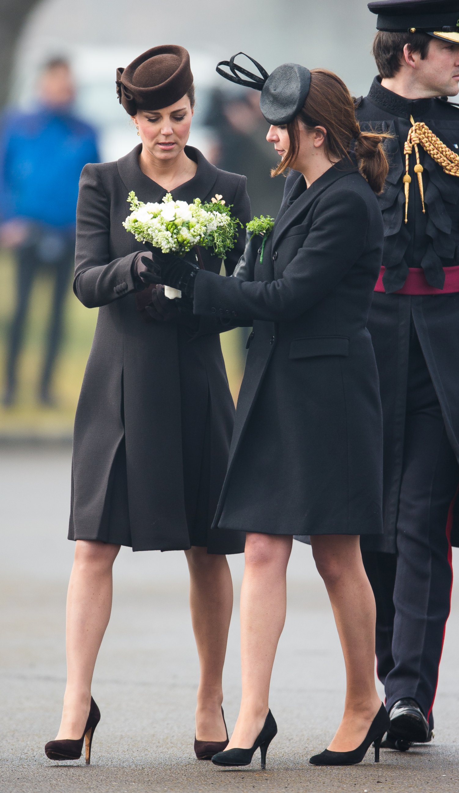 PHOTO: Catherine, Duchess of Cambridge Rebecca Deacon, right, attend the St Patrick's Day Parade at Mons Barracks, March 17, 2015 in Aldershot, England.