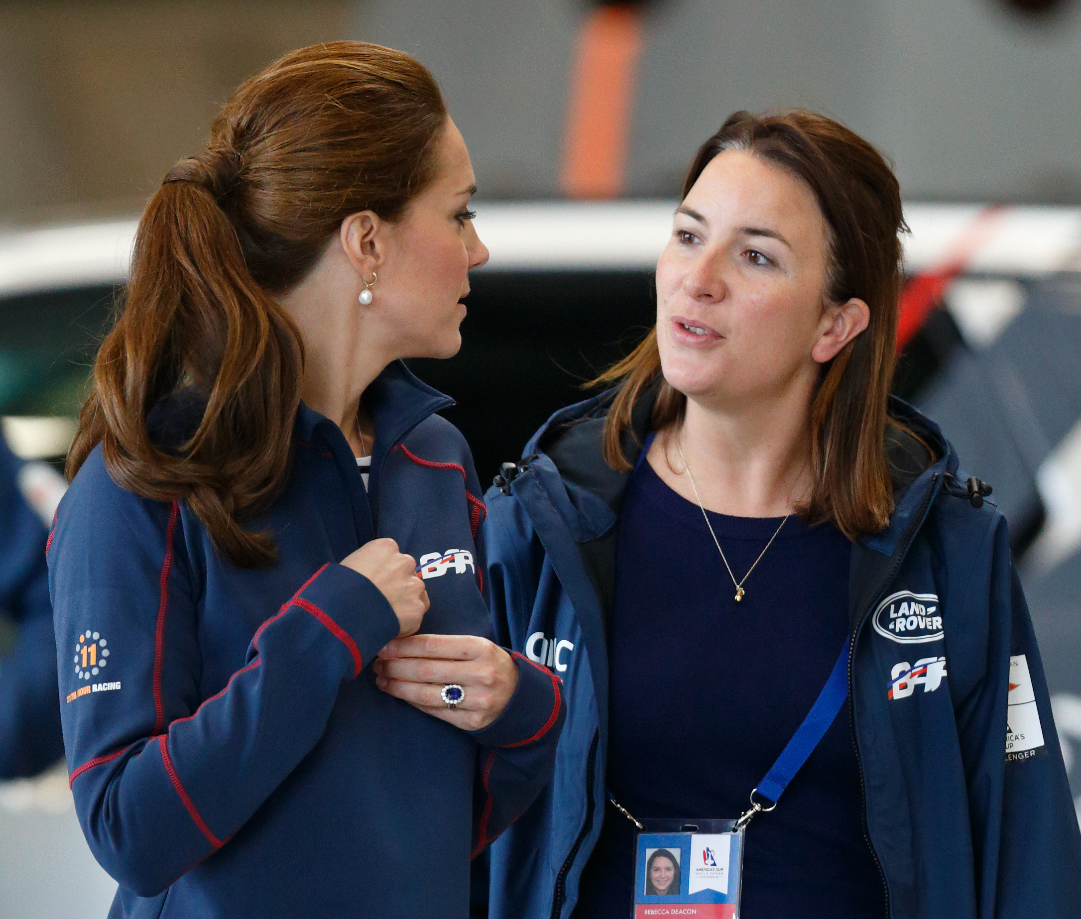 PHOTO: Catherine, Duchess of Cambridge, accompanied by her Private Secretary Rebecca Deacon, visits the Ben Ainslie Racing (Land Rover BAR) team base as she attends the America's Cup World Series event, July 26, 2015, in Portsmouth, England.