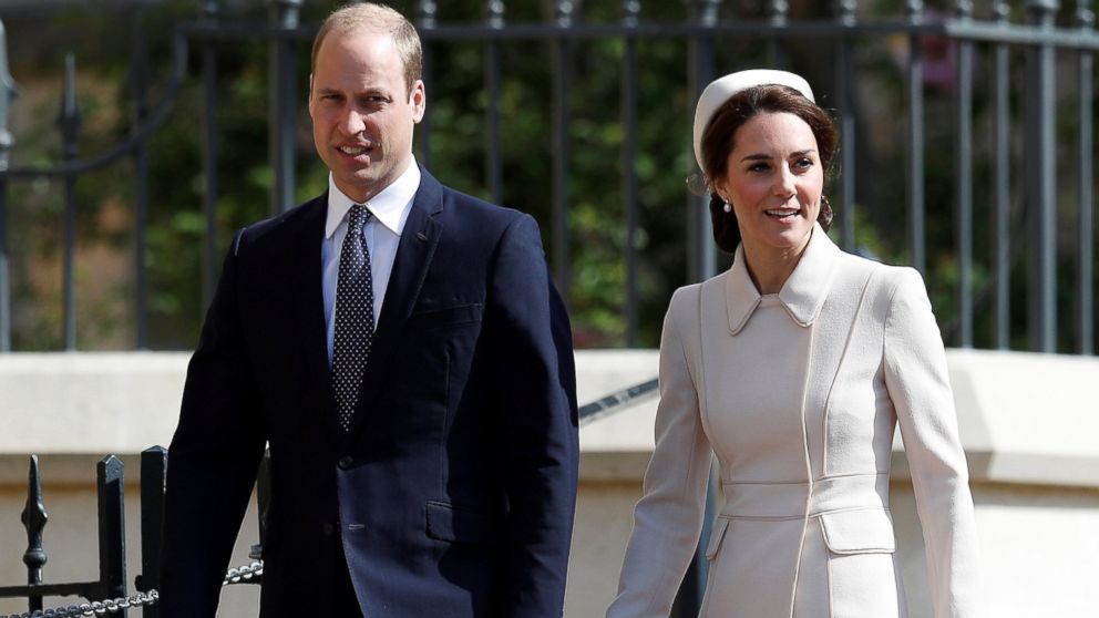 Prince William, Duke of Cambridge and Catherine, Duchess of Cambridge arrive at the Easter Day service at St. George's Chapel, April 16, 2017 in Windsor, England. 