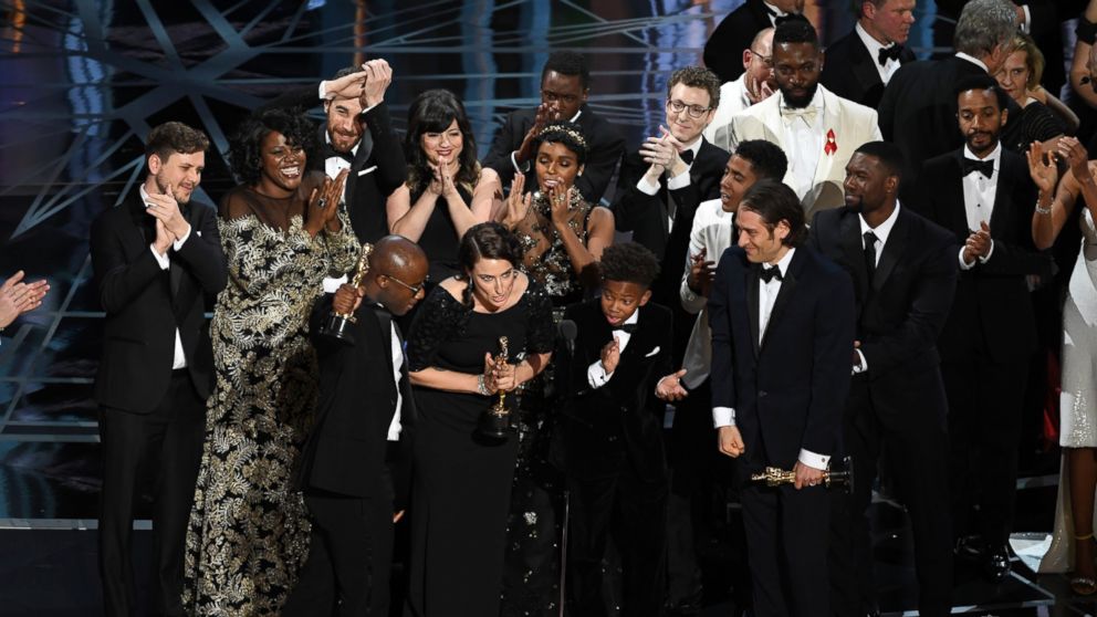 PHOTO: Cast and crew of "Moonlight" accept the Best Picture award onstage during the 89th Annual Academy Awards, Feb. 26, 2017, in Hollywood, Calif. 
