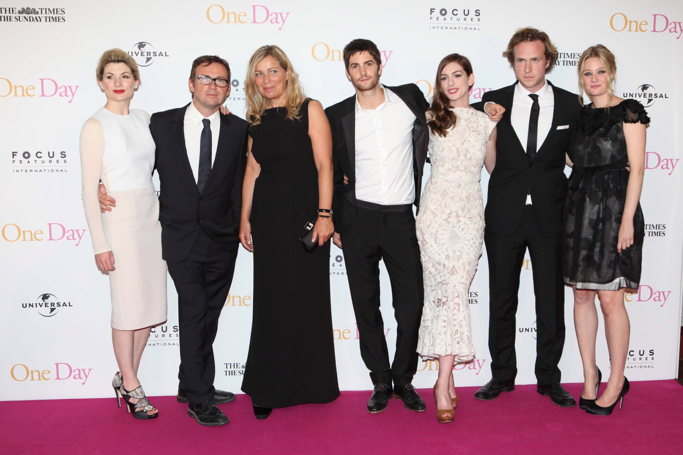 Actress Jodie Whittaker, left, screenwriter David Nicholls, director Lone Scherfig, actors Jim Sturgess, Anne Hathaway, Rafe Spall and Romola Garai attend the European premiere of "One Day" at The Vue Westfield in this Aug, 23, 2011 file photo in London.