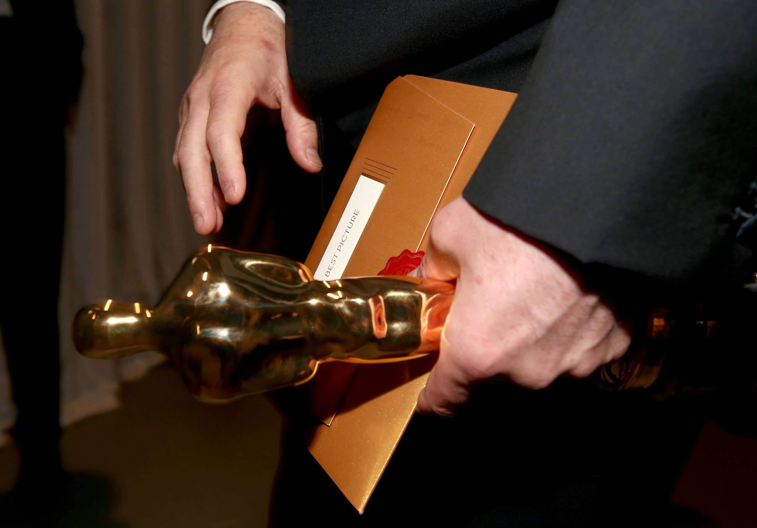 PHOTO: The Oscar statuette for Best Picture is seen backstage during the 87th Annual Academy Awards at Dolby Theatre, Feb. 22, 2015, in Hollywood, California.