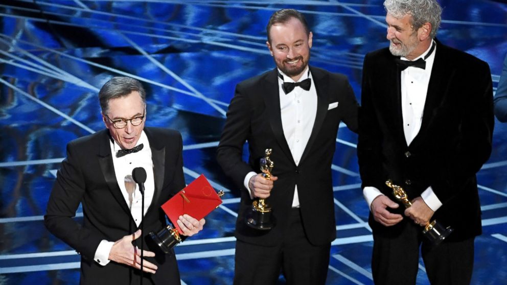 PHOTO: Sound re-recording mixer Kevin O'Connell, left,and sound engineera, from left, Andy Wright and Peter Grace accept Best Sound Mixing for 'Hacksaw Ridge' onstage during the 89th Annual Academy Awards, Feb. 26, 2017, in Hollywood, California. 