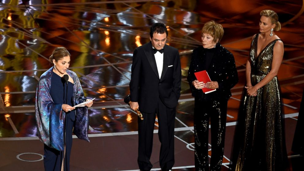 PHOTO: Anousheh Ansari and former NASA scientist Firouz Naderi accept Best Foreign Language Film for 'The Salesman' on behalf of director Asghar Farhadi, Feb. 26, 2017, in Hollywood, Calif. 