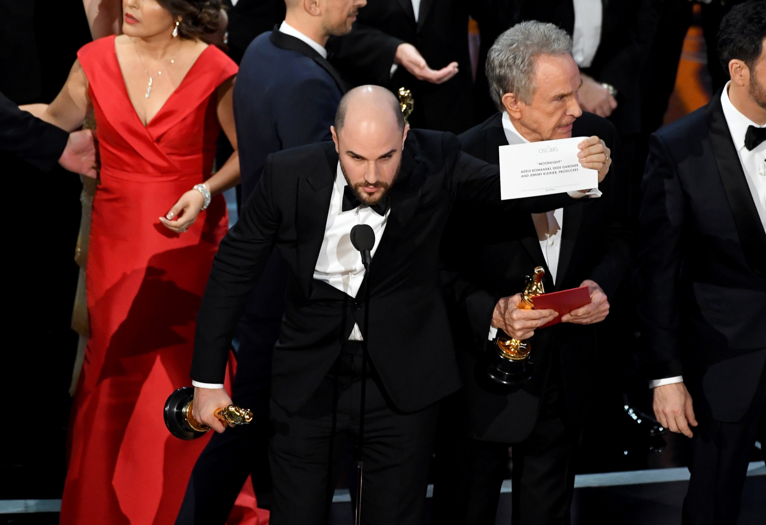 PHOTO: "La La Land" producer Jordan Horowitz holds up the winner card reading actual Best Picture winner "Moonlight" with actor Warren Beatty onstage during the 89th Annual Academy Awards, Feb. 26, 2017, in Hollywood, Calif. 