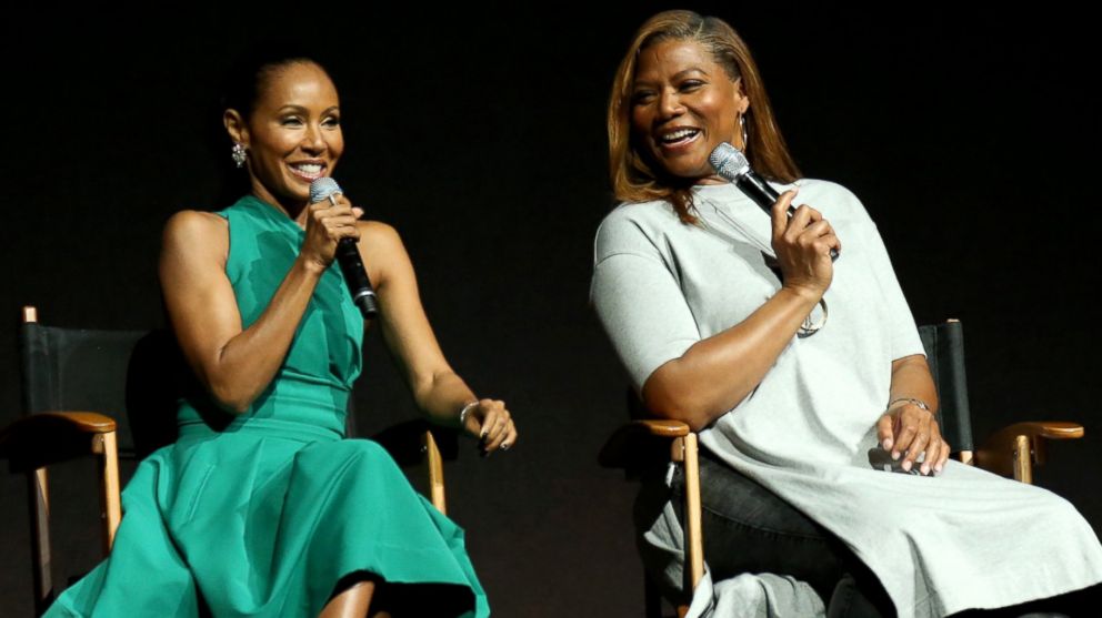 PHOTO: Jada Pinkett Smith and Queen Latifah speak at the Universal Pictures' presentation during CinemaCon at The Colosseum at Caesars Palace, March 29, 2017, in Las Vegas.
