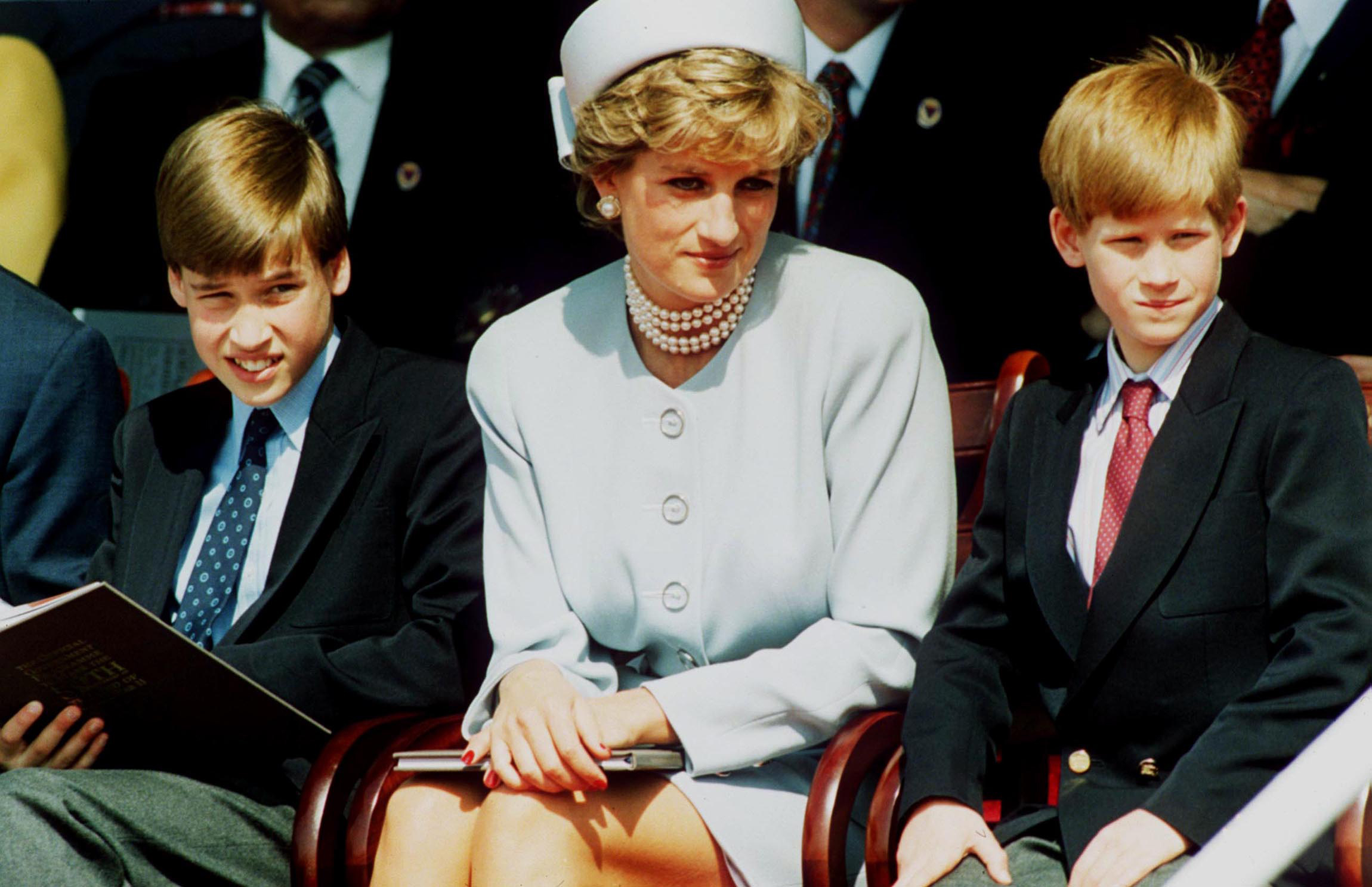 PHOTO: Princess Diana, Princess of Wales and her sons Prince William and Prince Harry attend the Heads of State VE Remembrance Service in Hyde Park, May 7, 1995 in London, England.  