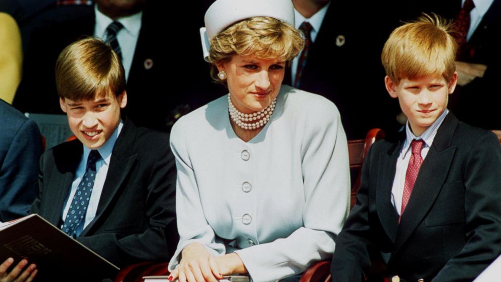 Princess Diana, Princess of Wales and her sons Prince William and Prince Harry attend the Heads of State VE Remembrance Service in Hyde Park, May 7, 1995 in London, England.    