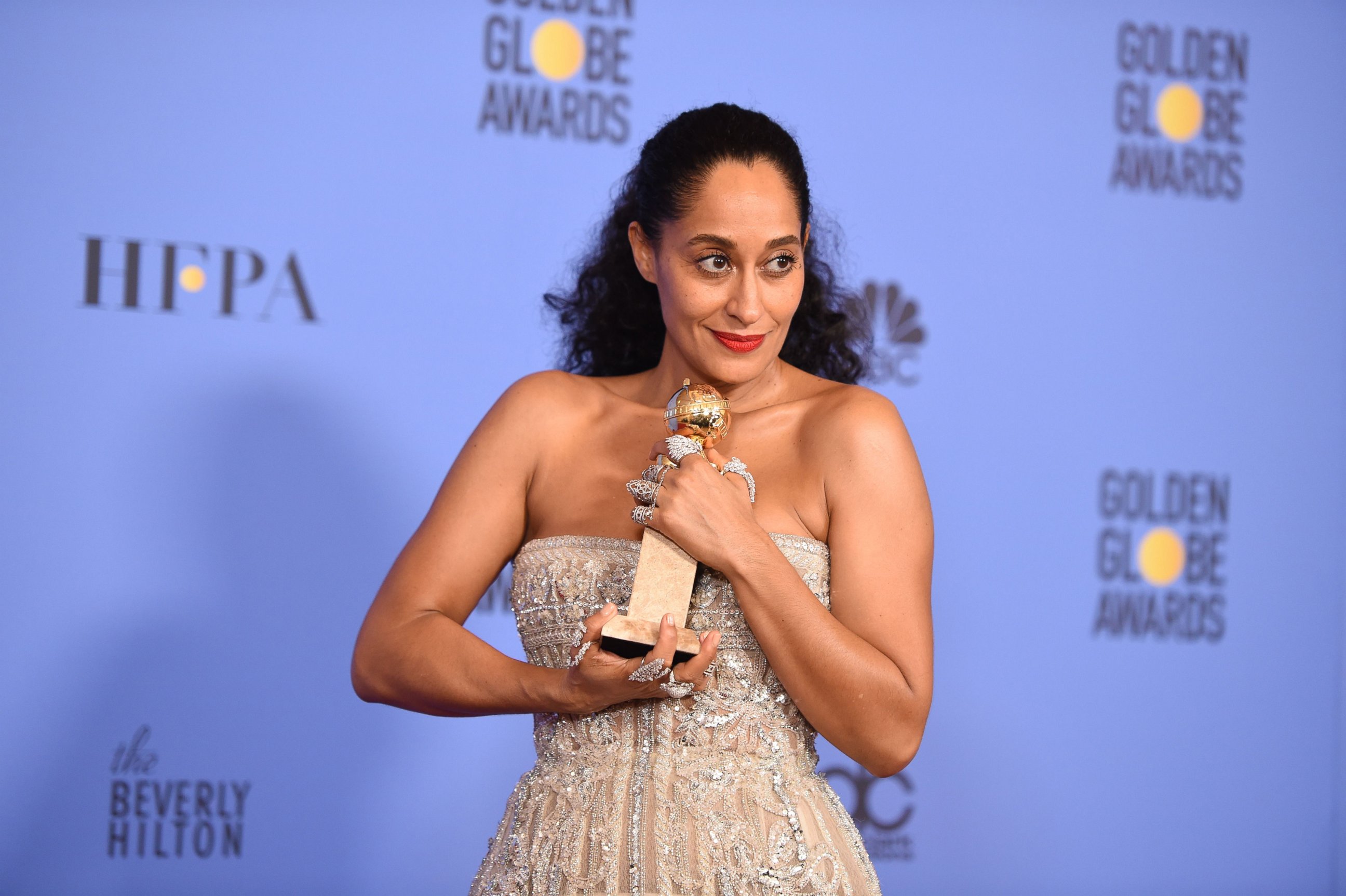 PHOTO: Tracee Ellis Ross poses with the award for Best Actress in a Comedy TV series for her role in Black-ish, in the press room at the 74th annual Golden Globe Awards, Jan. 8, 2017, at the Beverly  Hilton  Hotel in Beverly Hills, California.