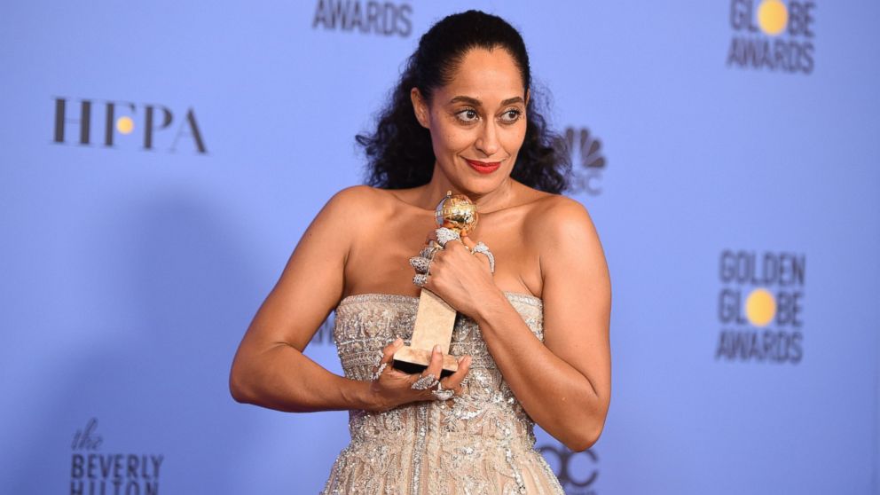 PHOTO: Tracee Ellis Ross poses with the award for Best Actress in a Comedy TV series for her role in Black-ish, in the press room at the 74th annual Golden Globe Awards, Jan. 8, 2017, at the Beverly  Hilton  Hotel in Beverly Hills, California.