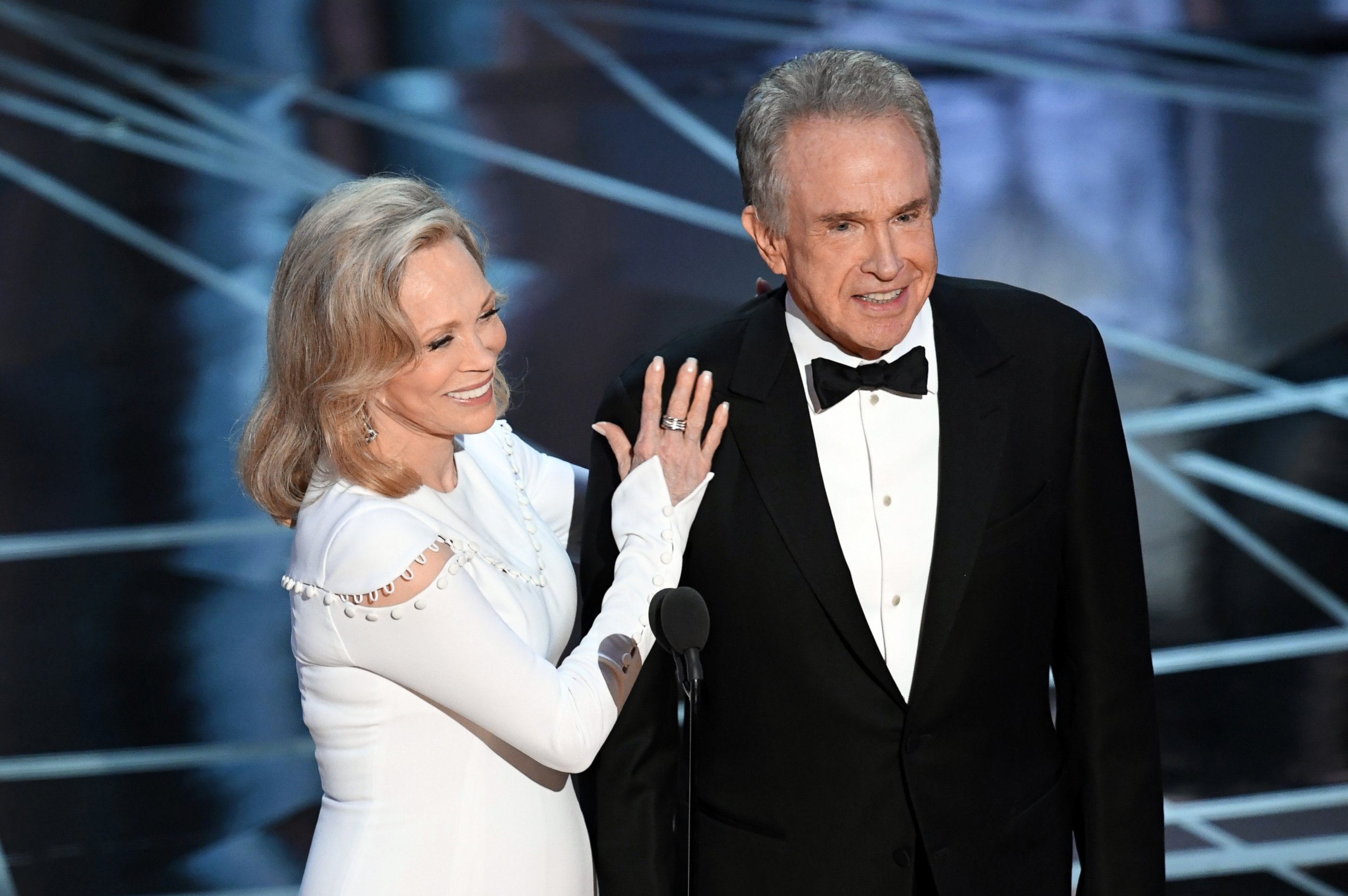 PHOTO: Actors Faye Dunaway and Warren Beatty speak onstage during the 89th Annual Academy Awards, Feb. 26, 2017, in Hollywood, Calif. 