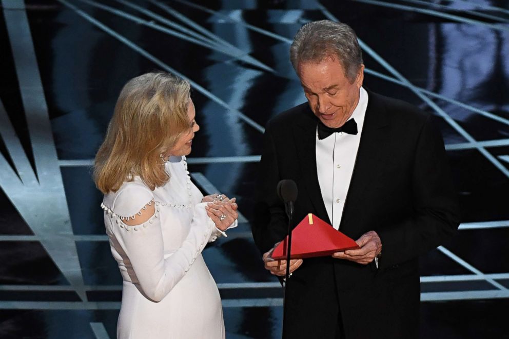 PHOTO: Faye Dunaway and Warren Beatty announce the winner of the Best Movie category on stage at the 89th Academy Awards, Feb. 26, 2017, in Hollywood, Calif.