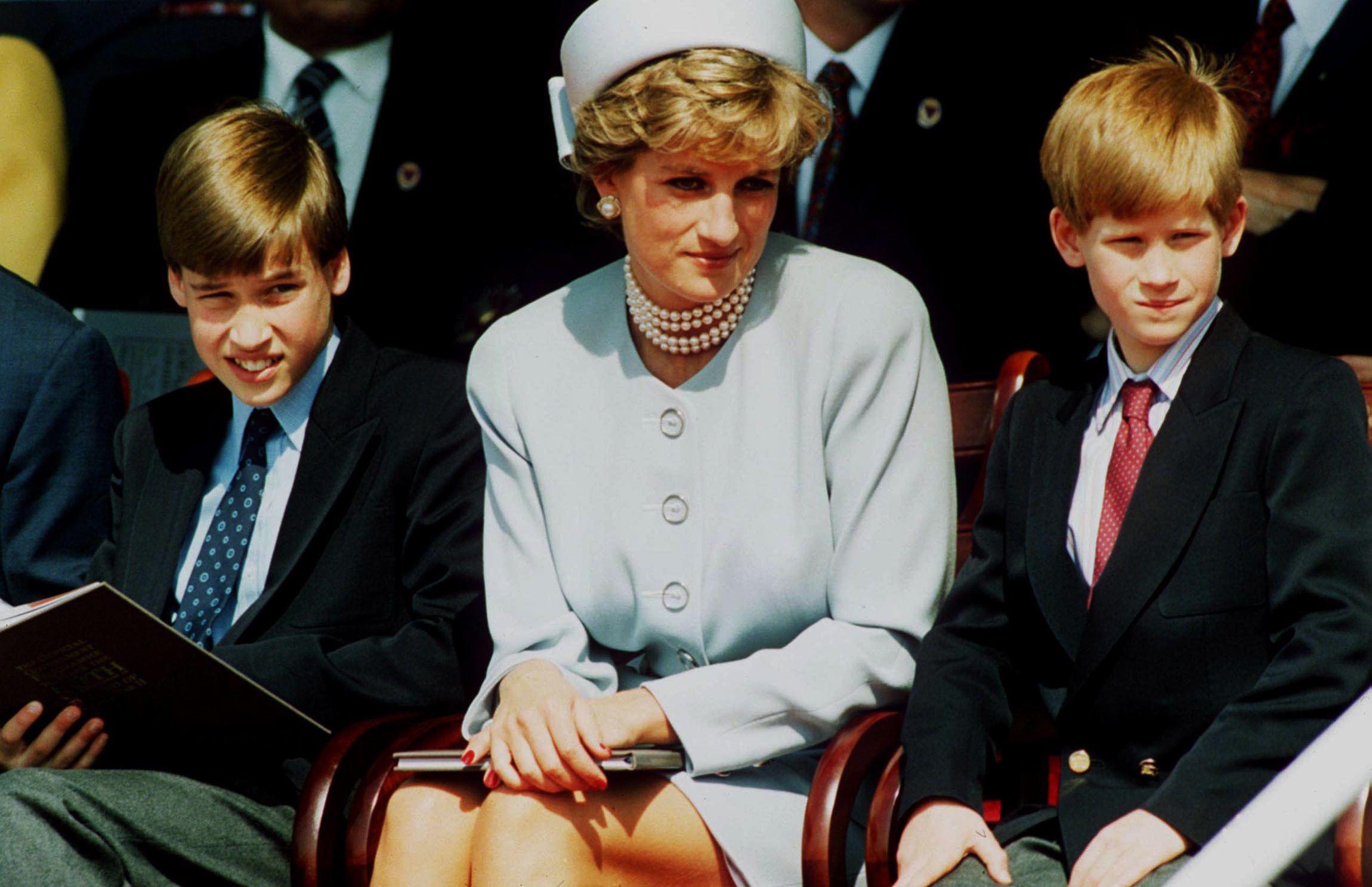 PHOTO: Princess Diana, Princess of Wales with her sons Prince William and Prince Harry attend the Heads of State VE Remembrance Service in Hyde Park in this May 7, 1995 file photo in London.