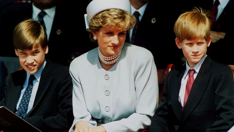 Princess Diana, Princess of Wales with her sons Prince William and Prince Harry attend the Heads of State VE Remembrance Service in Hyde Park in this May 7, 1995 file photo in London.