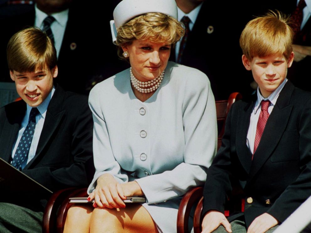 PHOTO: Princess Diana, Princess of Wales with her sons Prince William and Prince Harry attend the Heads of State VE Remembrance Service in Hyde Park in this May 7, 1995 file photo in London.