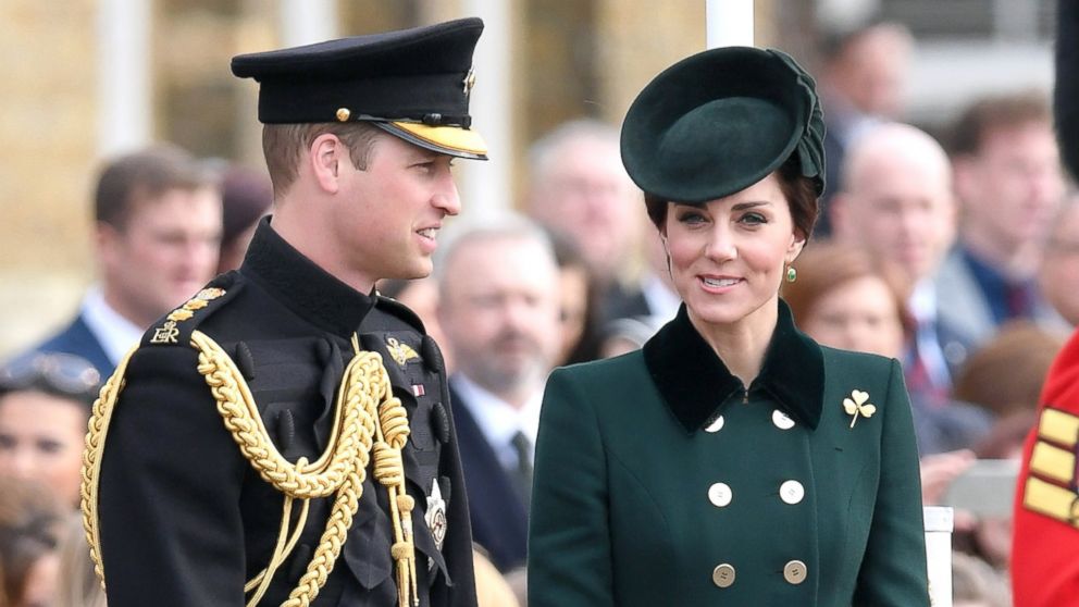 Catherine, Duchess of Cambridge and Prince William, Duke Of Cambridge presents the 1st Battalion Irish Guardsmen with shamrocks during the annual Irish Guards St Patrick's Day Parade at Household Cavalry Barracks, March 17, 2017, in London, England.