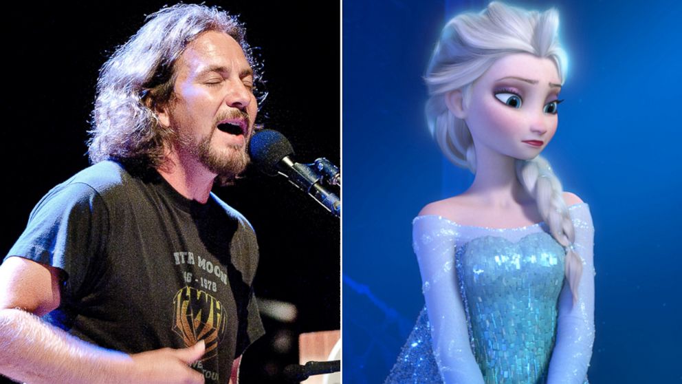 Eddie Vedder, lead singer of Pearl Jam, left, performs during his concert at the Royal Theatre Carre in Amsterdam, July 25, 2012. Elsa from the movie, 'Frozen.'