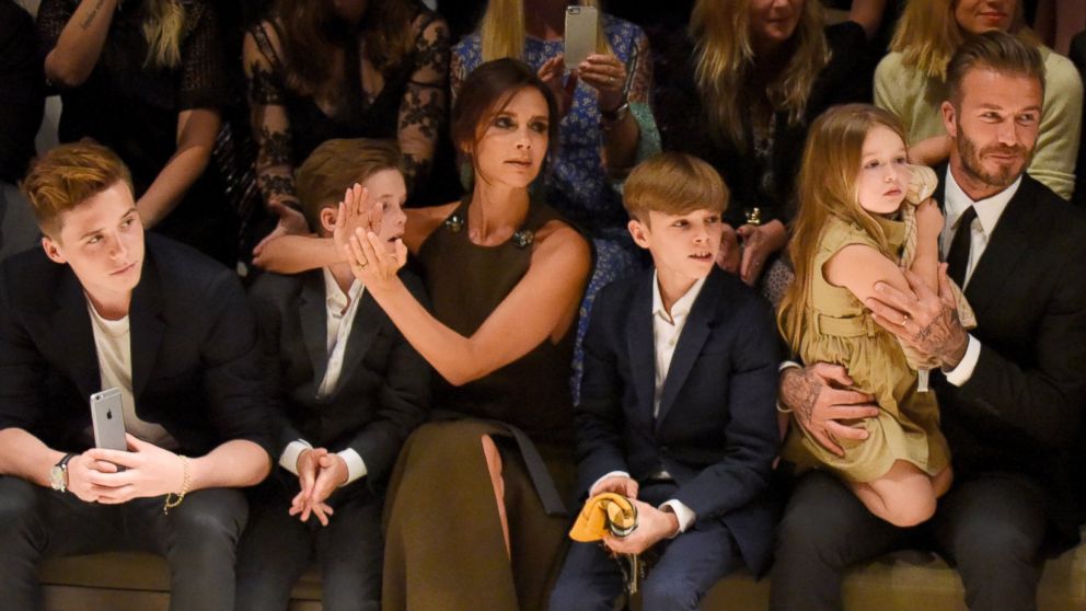 Brooklyn Beckham, Cruz Beckham, Victoria Beckham, Romeo Beckham, Harper Beckham and David Beckham attend the Burberry "London in Los Angeles" event at Griffith Observatory in this April 16, 2015 file photo in Los Angeles.