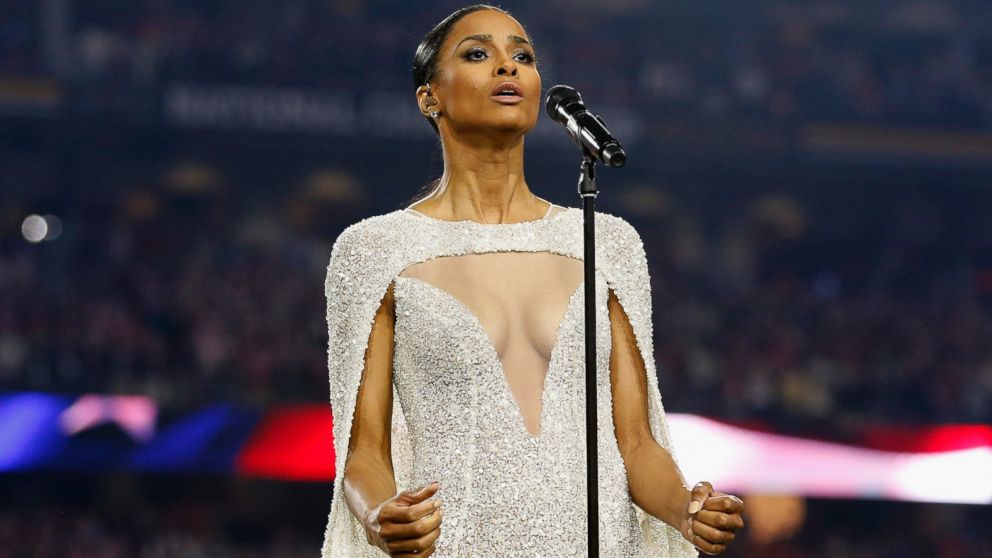 Singer Ciara sings the national anthem prior to the start of the 2016 College Football Playoff National Championship Game, Jan. 11, 2016 in Glendale, Arizona.  