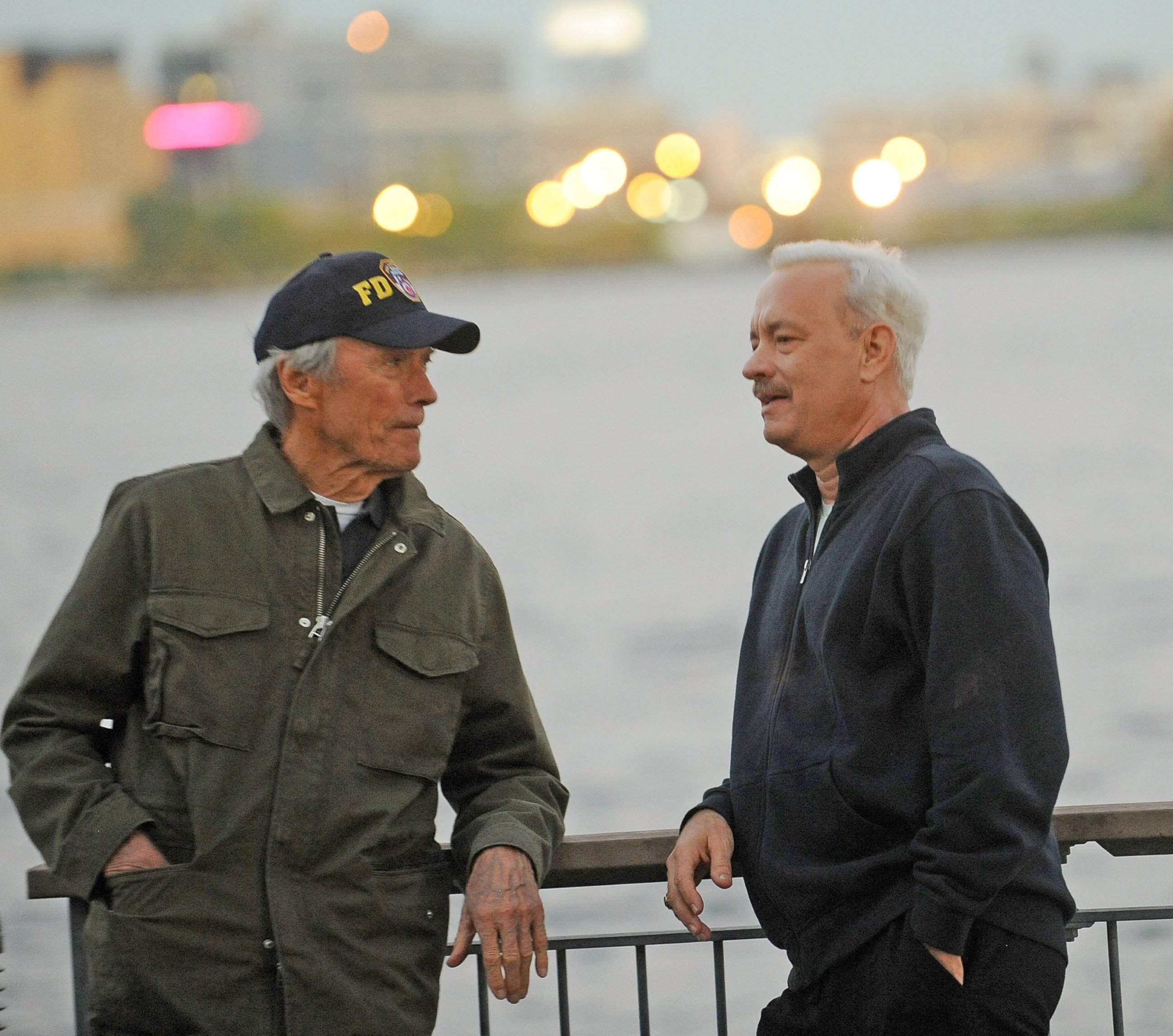 PHOTO: Director Clint Eastwood and actor Tom Hanks on the set of "Sully" Oct. 7, 2015, in New York.
