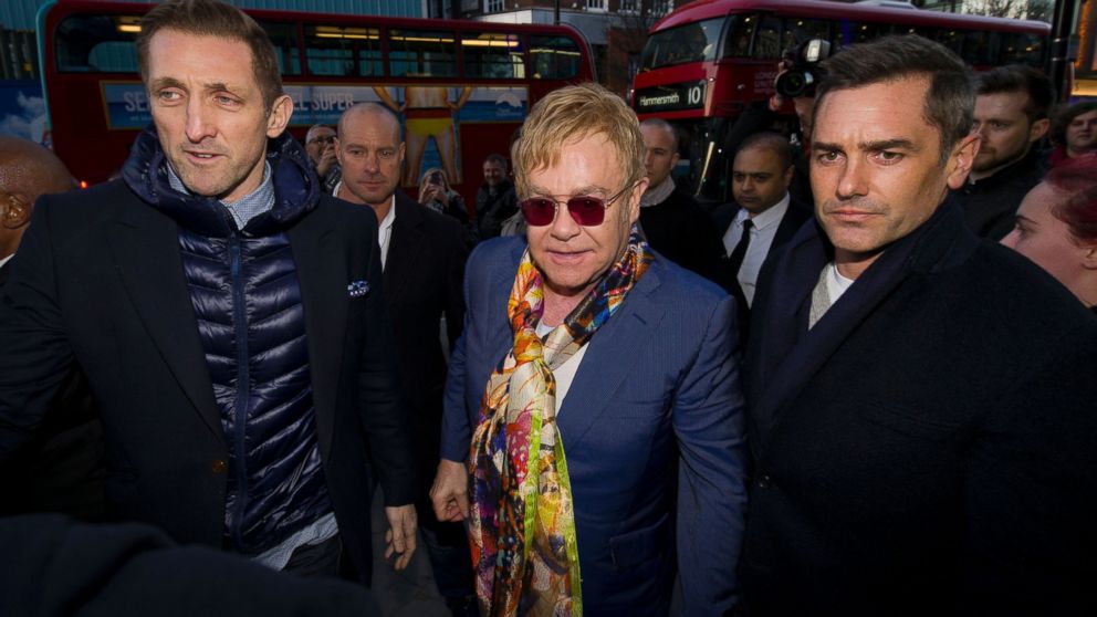 Elton John arrives at a HMV store in London, Feb. 3, 2016 for an event to promote the release of his new album 'Wonderful Crazy Night'. 