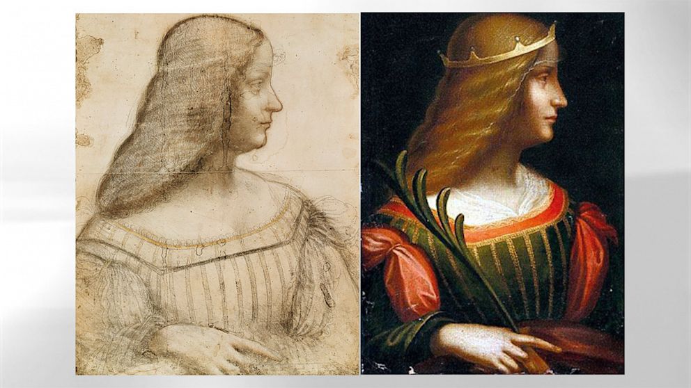 Leonardo da Vinci's sketch of Isabella d'Este, is seen at the Louvre Museum in Paris, the painting on the right appears to be a completed, painted version of a pencil sketch.