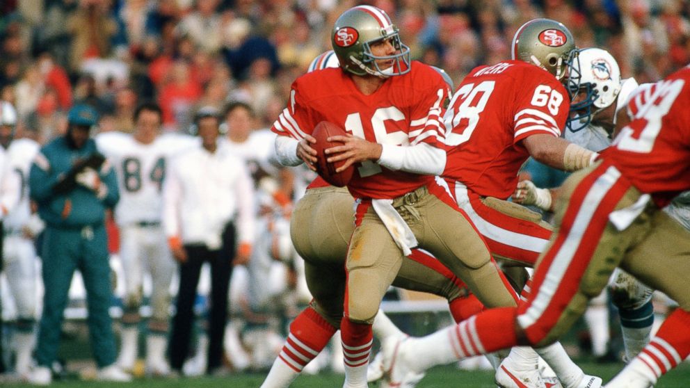 Joe Montana #16 of the San Francisco 49ers drops back to pass against the Miami Dolphins during Super Bowl XIX  on Jan. 20, 1985 at Stanford Stadium in Palo Alto, California. 