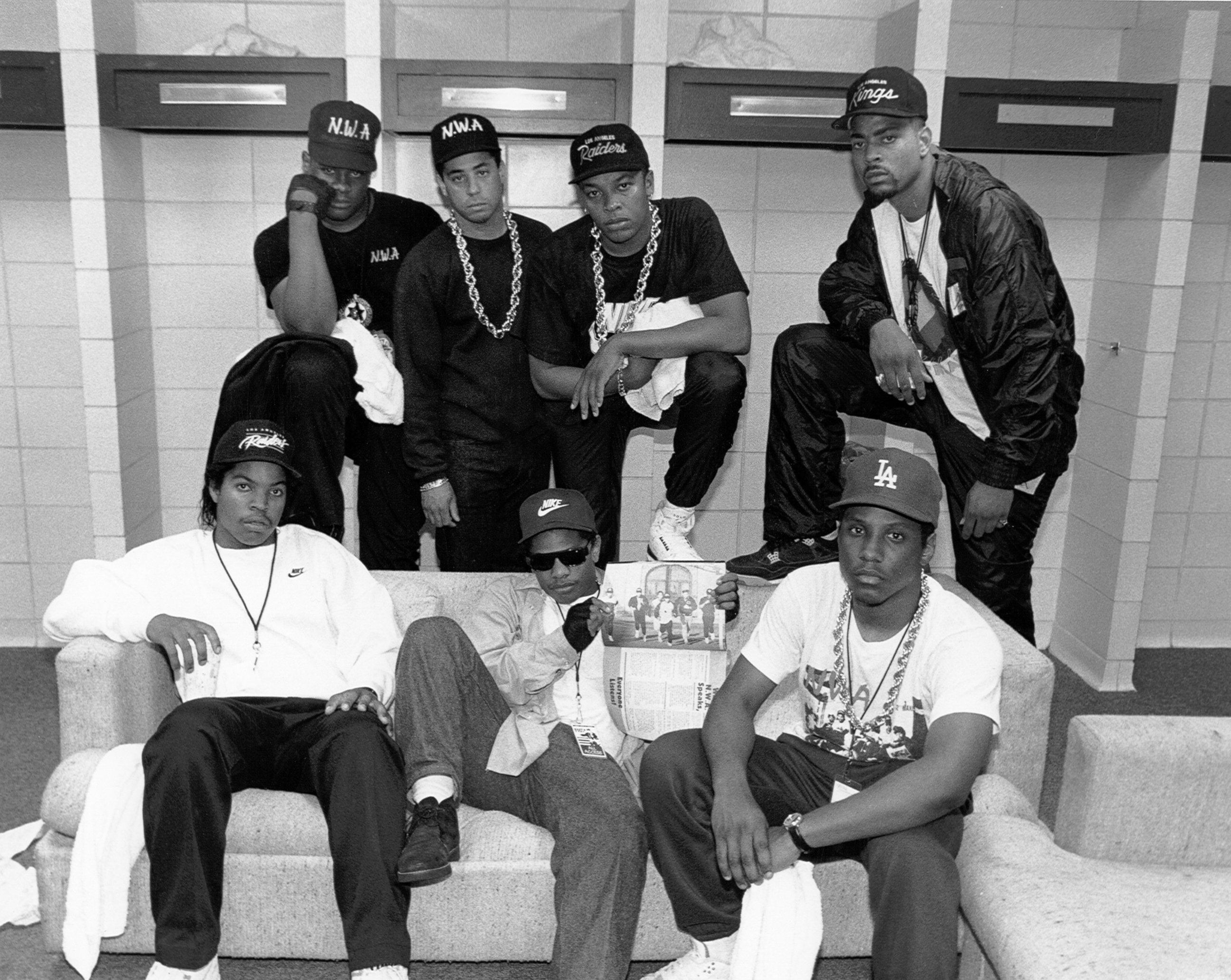 PHOTO: Rap group N.W.A. pose with rappers The D.O.C. and Laylaw from Above The Law backstage during their 'Straight Outta Compton' tour in June 1989 in Kansas City, Mo.    