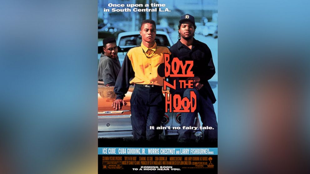 PHOTO: One sheet movie poster advertises the film 'Boyz n the Hood,' John Singleton's directorial debut starring Laurence Fishburne, Cuba Gooding Jr, Ice T, and Angela Bassett, 1991.