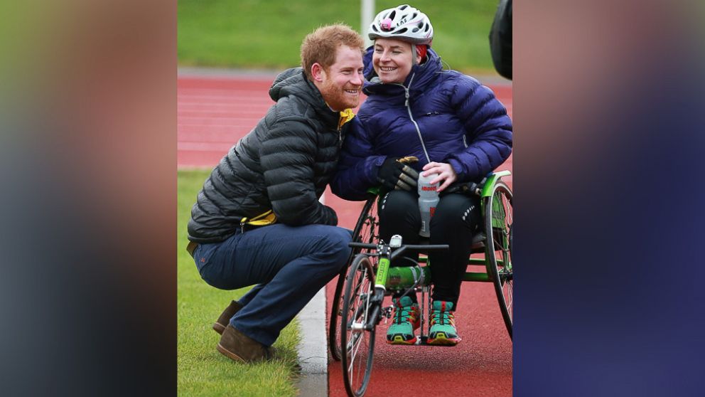 PHOTO: Prince Harry chats to Anna Pollack (RAF medic) a competitor at the Invictus Games Orlando British team trials at the University of Bath on Jan. 29, 2016 in Bath, England. 