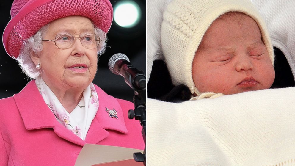 Queen Elizabeth II is seen May 2, 2015 in Richmond, England. Right, Princess Charlotte is seen here on May 2, 2015 in central London.
