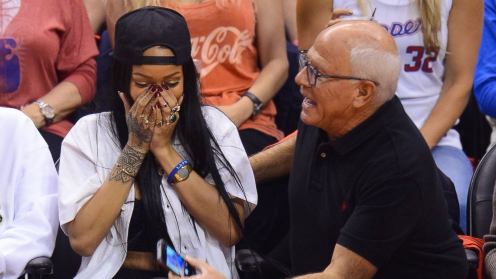 PHOTO: Rihanna attends an NBA playoff game between the Oklahoma City Thunder and the Los Angeles Clippers on May 9, 201.  