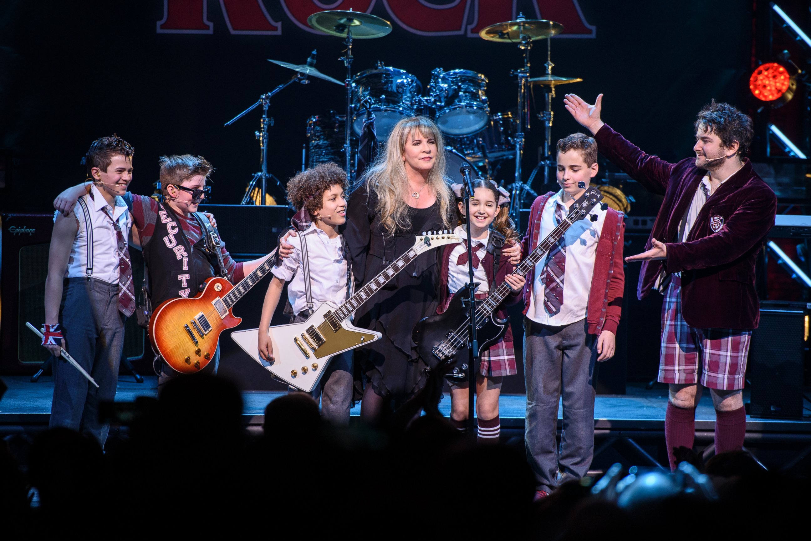 PHOTO: Stevie Nicks of the band Fleetwood Mac performs live on stage with the cast of "School of Rock - The Musical" at the Winter Garden Theatre on April 26, 2016 in New York City.  
