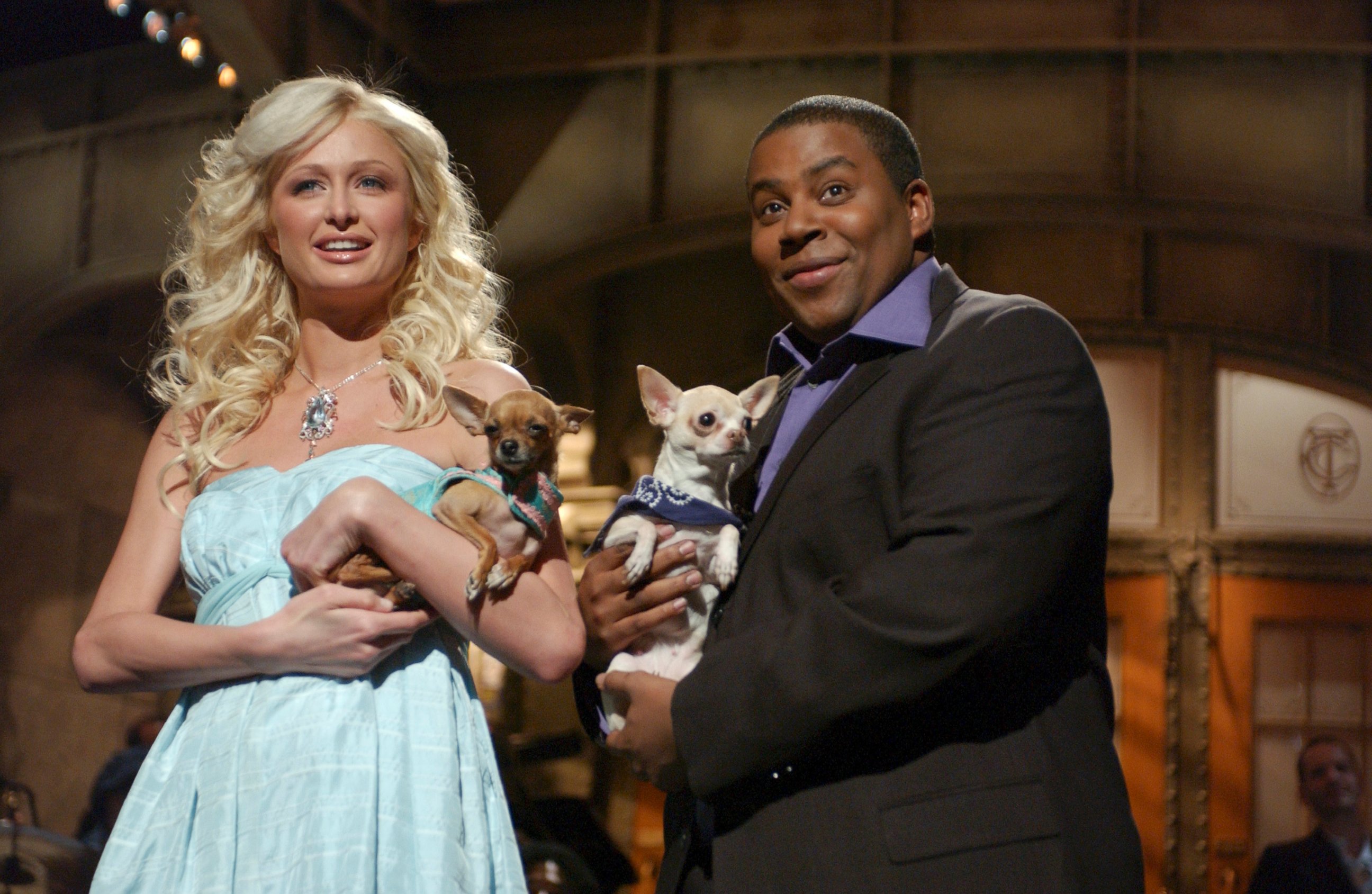 PHOTO: Paris Hilton and Tinkerbell are seen with Kenan Tompson for a Feb. 2, 2005 episode of "Saturday Night Live."