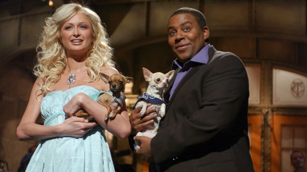 PHOTO: Paris Hilton and Tinkerbell are seen with Kenan Tompson for a Feb. 2, 2005 episode of "Saturday Night Live."
