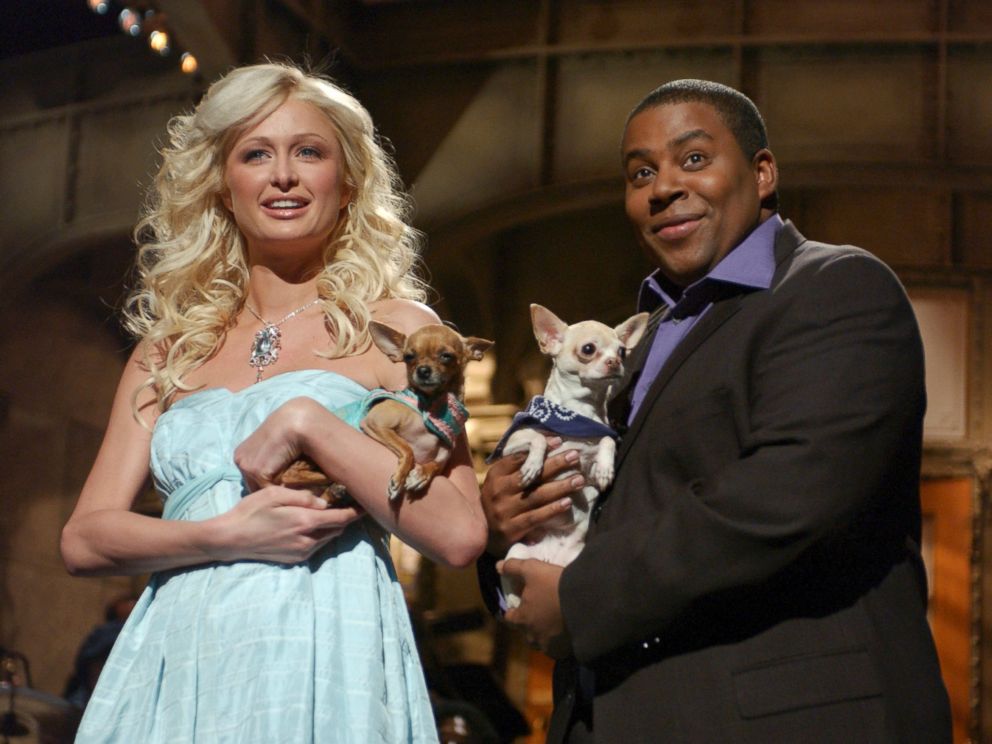 PHOTO: Paris Hilton and Tinkerbell are seen with Kenan Tompson for a Feb. 2, 2005 episode of Saturday Night Live.
