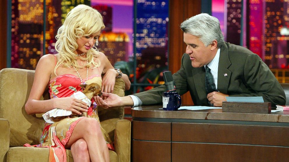 PHOTO: Paris Hilton (left), with her dog Tinkerbell, appears on "The Tonight Show with Jay Leno" on September 6, 2004 at the NBC Studios, in Burbank, California.