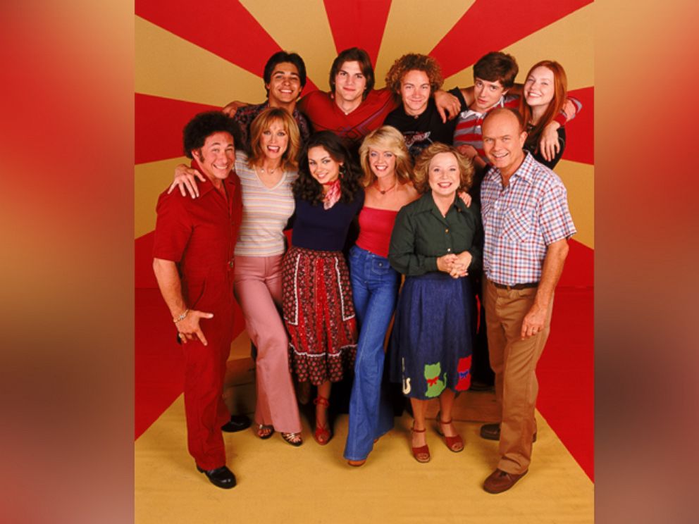 PHOTO: The cast of "That '70s Show," Top row, L-R: Wilmer Valderrama, Ashton Kutcher, Danny Masterson, Topher Grace, Laura Prepon. Center L-R: Don Stark, Tanya Roberts, Mila Kunis, Lisa Robin Kelly, Debra Jo Rupp and Kurtwood Smith. 