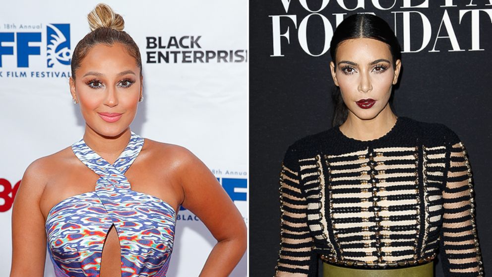 Singer Adrienne Bailon attends the "Think Like A Man Too" premiere, June 19, 2014, in New York. Right, Kim Kardashian attends the Vogue Foundation Gala as part of Paris Fashion Week at Palais Galliera, July 9, 2014, in Paris. 