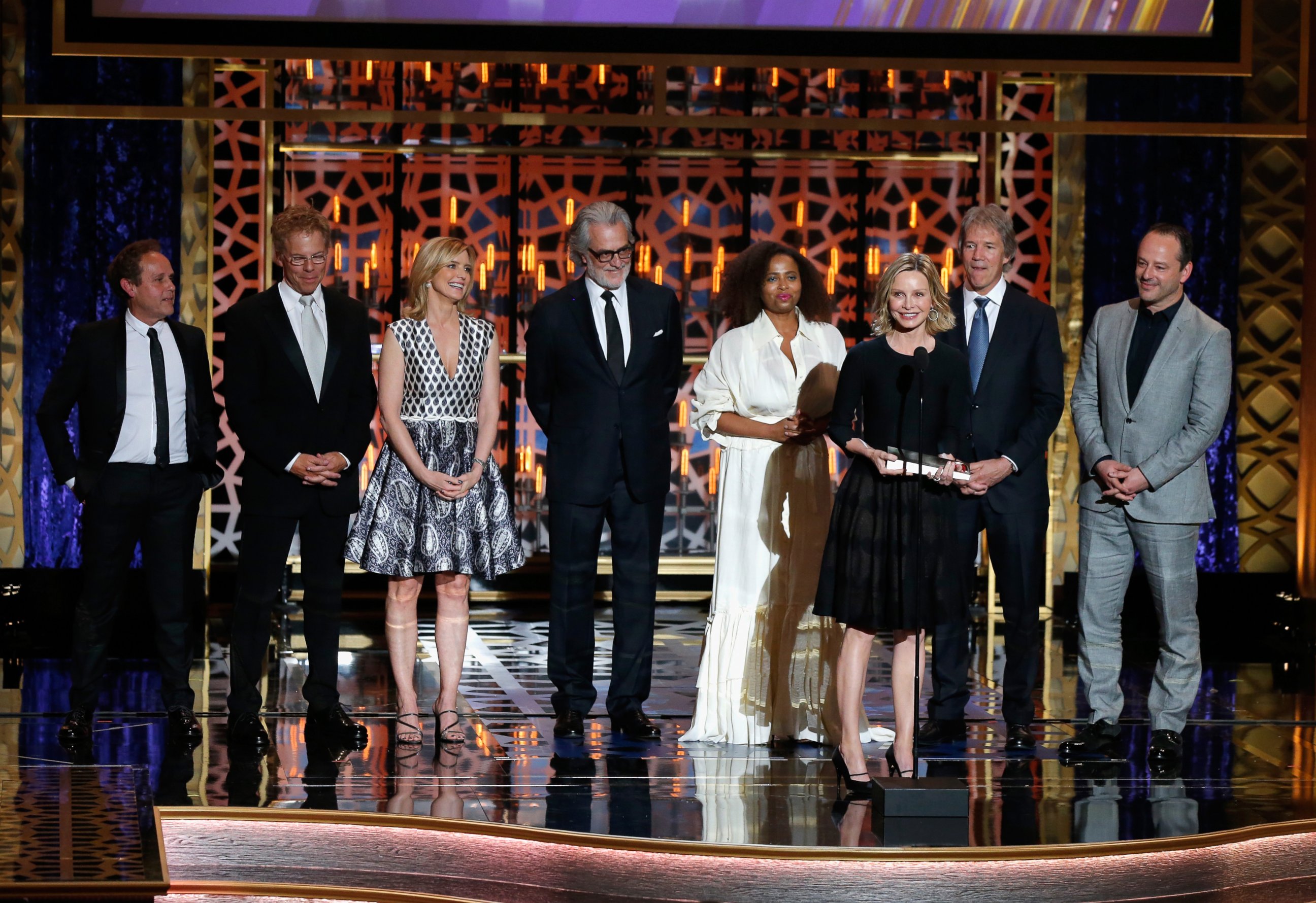 PHOTO: Peter MacNicol, Greg Germann, Courtney Thorne-Smith, Bill D'Elia, Lisa Nicole Carson, Calista Flockhart, David E. Kelley and Gil Bellows accept an award for "?Ally McBeal"? during the 2015 TV Land Awards on April 11, 2015, in Beverly Hills, Calif.